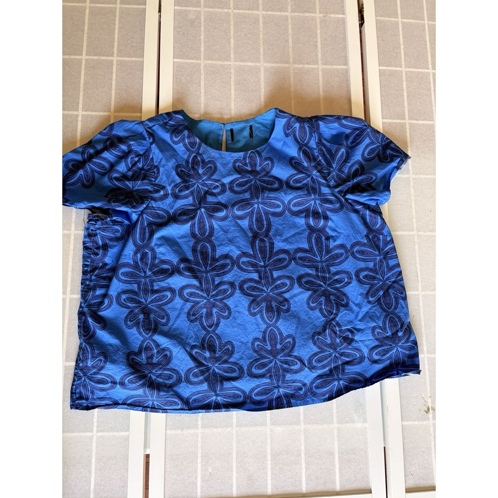 Sugarlips Blue Floral Puff Sleeve Peasant Boho Coastal Blouse 100% Cotton XL
